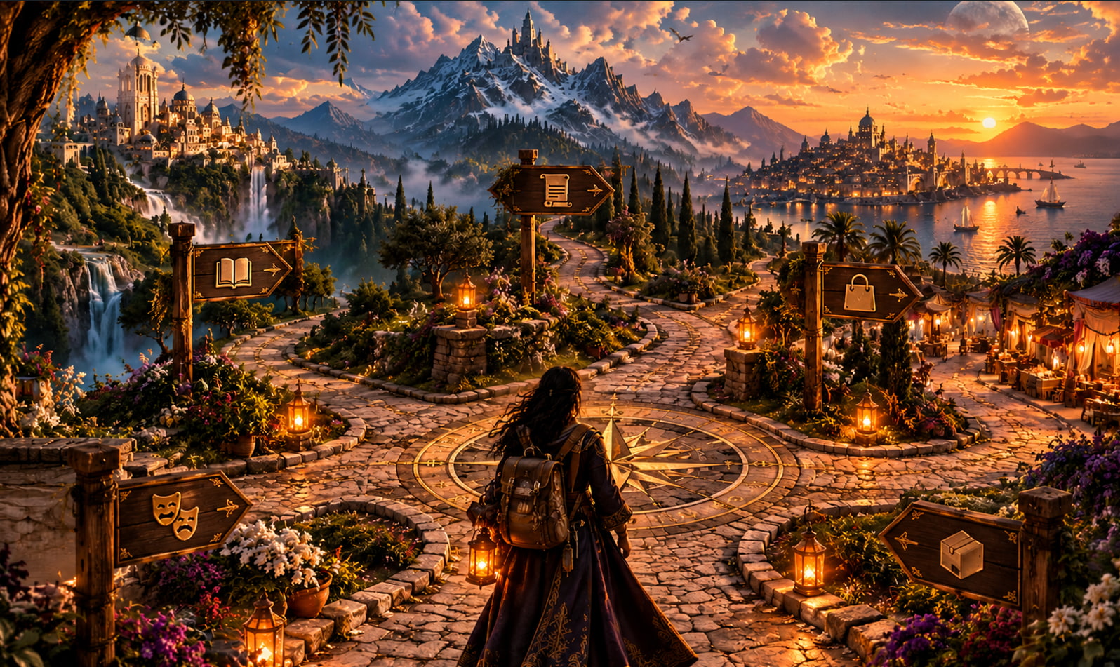 A cobblestone path with signposts to each part of EraCraft